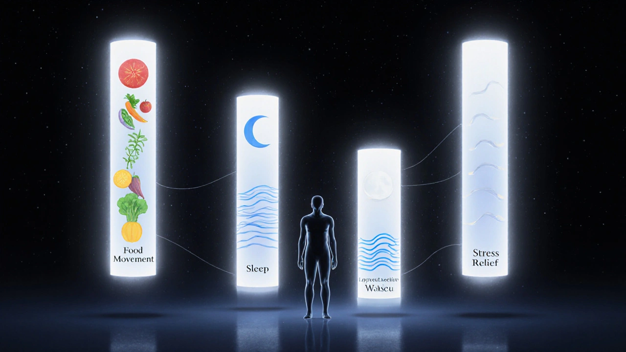 Člověk s čtyřmi zářícími pilíři symbolizujícími zdravý životní styl.