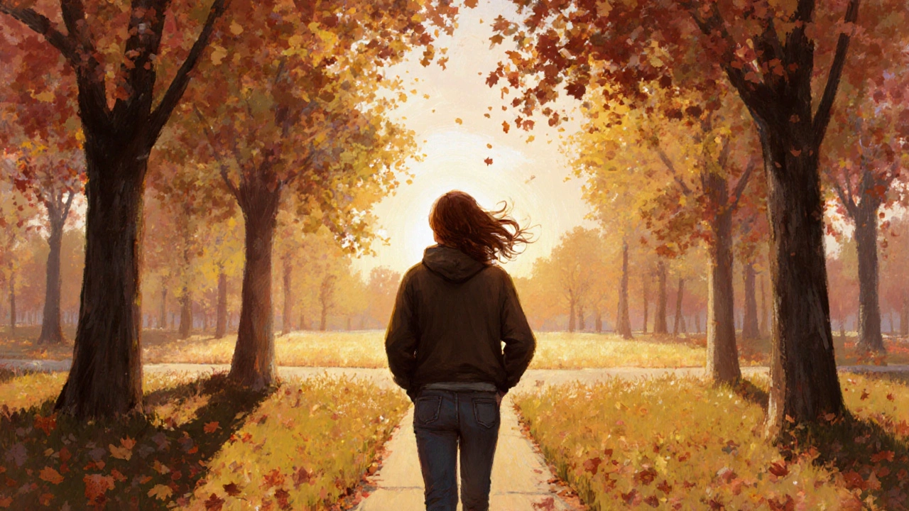 Osoba se prochází v parku na večerním západu slunce bez telefonu.