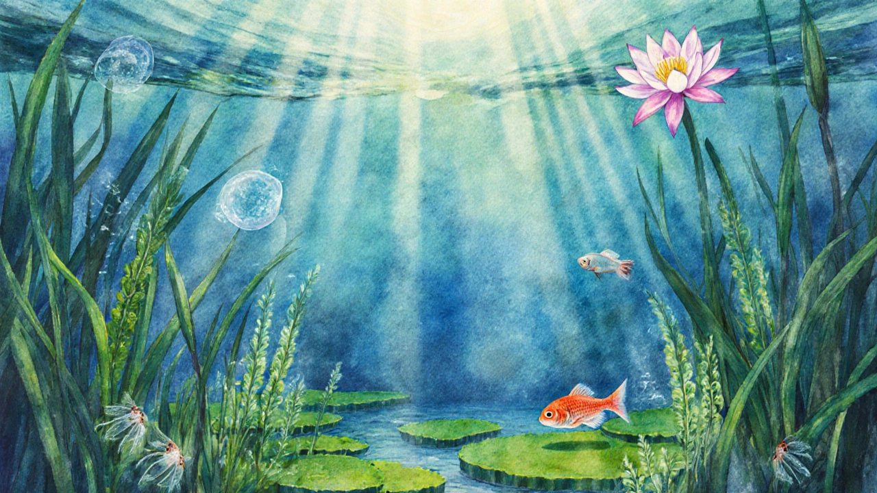 Podvodní ekosystém s bakteriemi, řasami a rybami v čistém rybníce