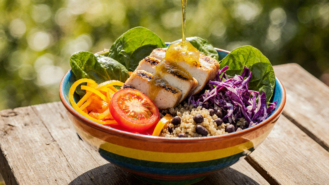 Barevná miska „rainbow bowl“ plná zeleniny, obilovin a bílkovin.