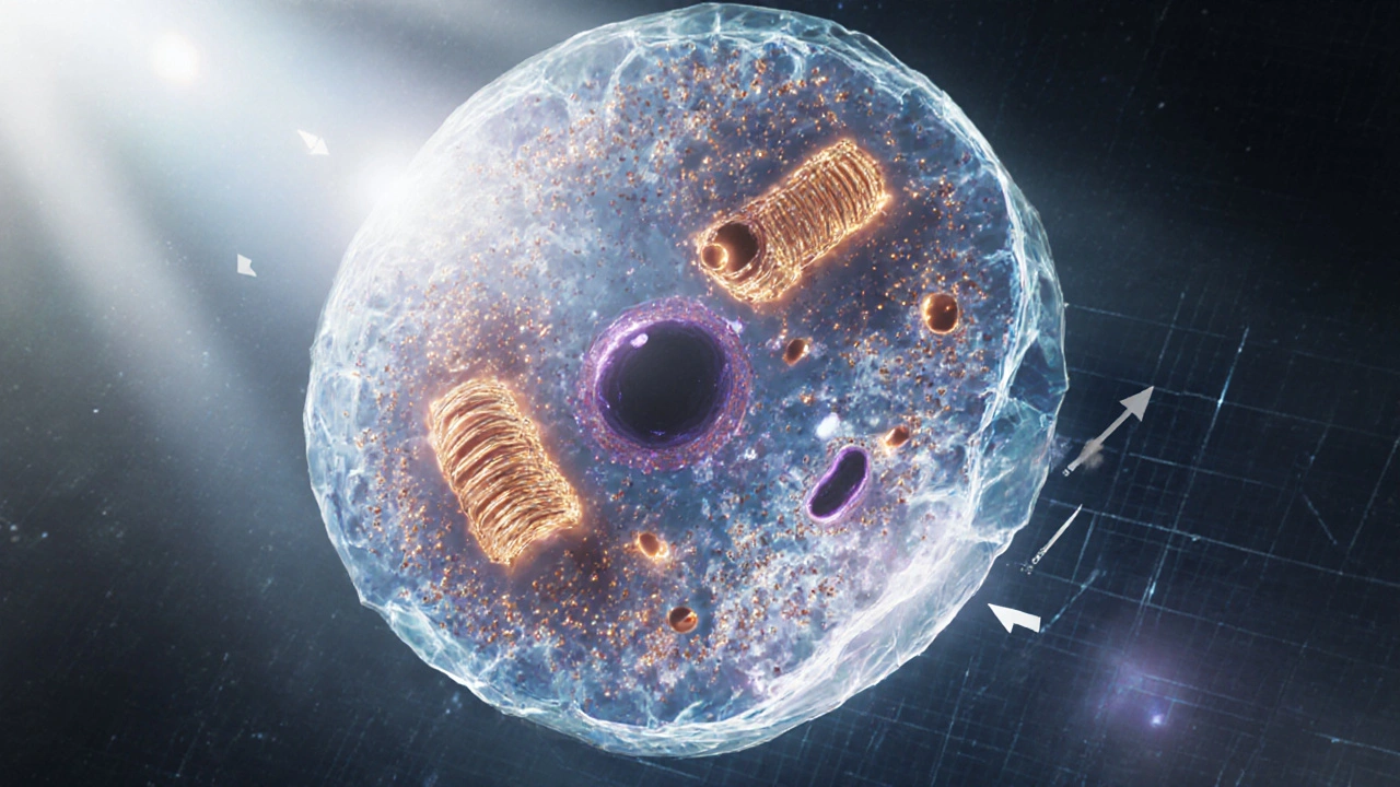Detailní ilustrace eukaryotické buňky s mitochondriemi, jádrem a ukazateli metabolismu.