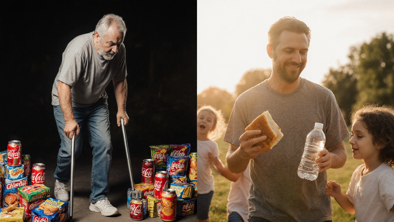 Dva životy jedné osoby: jeden unavený a nemocný, druhý aktivní a šťastný v parku s dětmi.