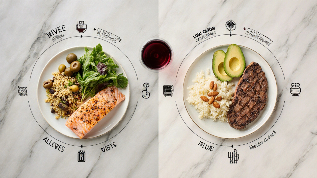 Dvě talíře – středomořská a low‑carb dieta – vedle sebe, zobrazující typické potraviny každé diety.