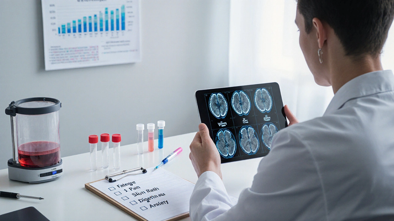 Fotorealistický obrázek lékaře a pacienta s MRI snímky, testovacími zkumavkami a seznamem symptomů.