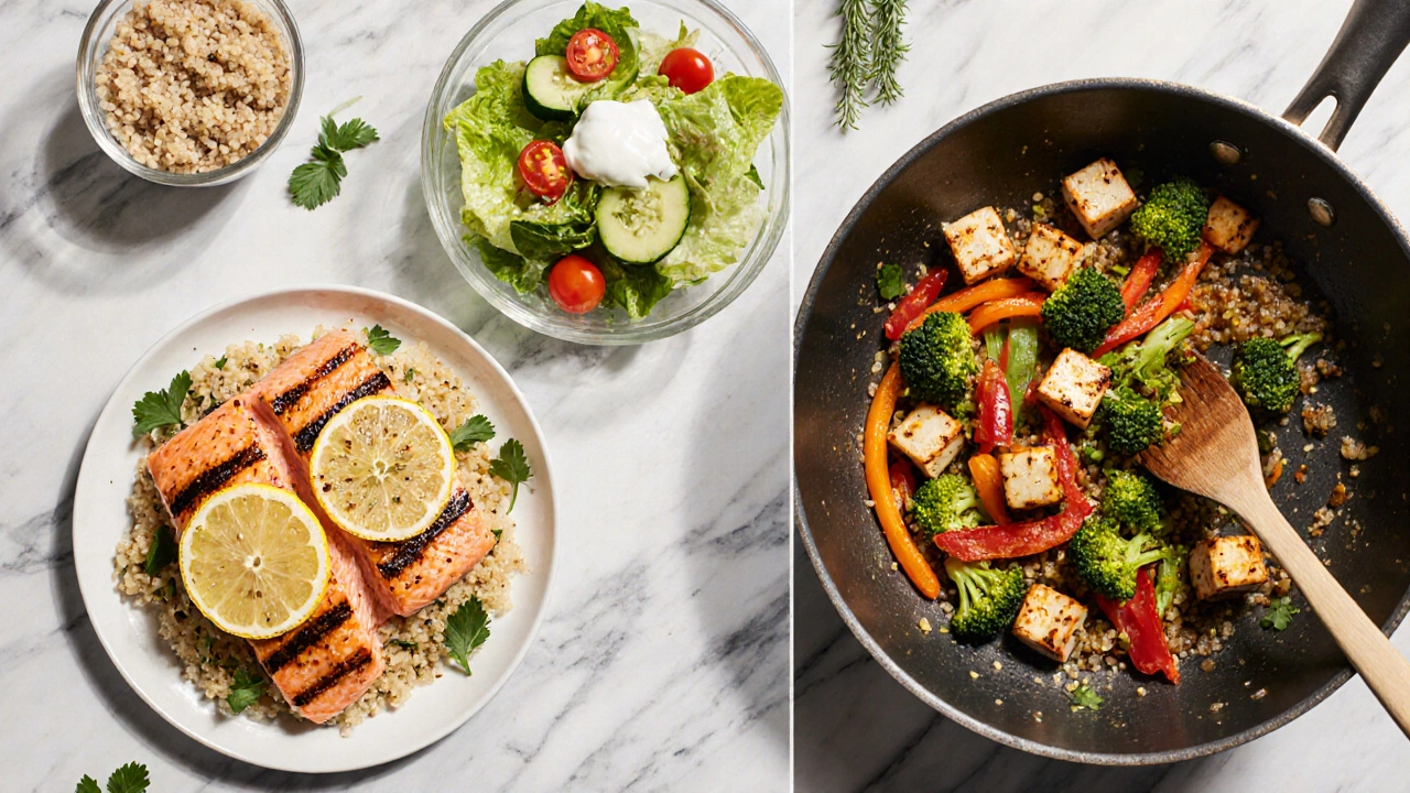 Kuchyňská scéna s lososem na quinoa a tofu stir‑fry s hnědou rýží na protilehlých misách.