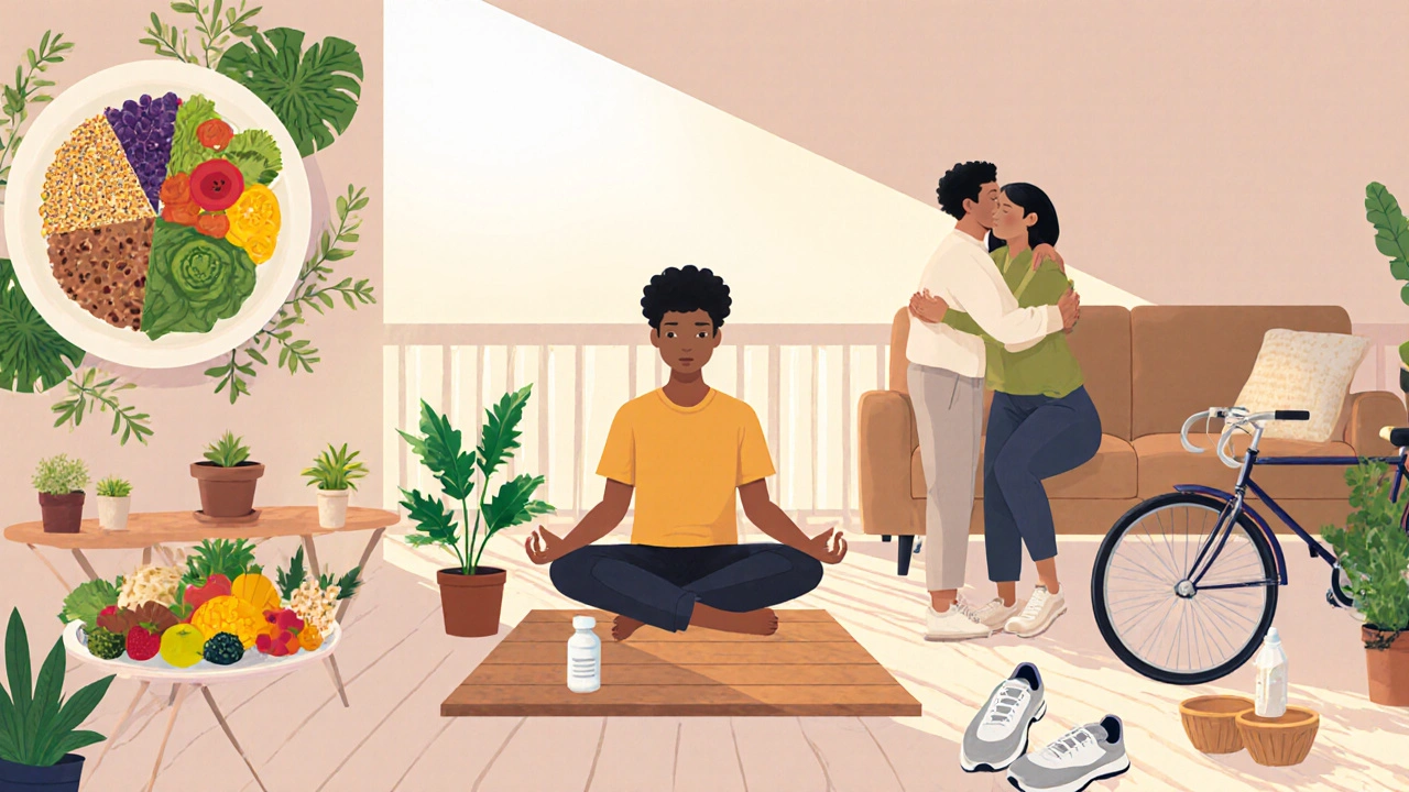 Lidé meditují, jedí zdravě, sportují a dostávají podporu v přátelském prostředí.