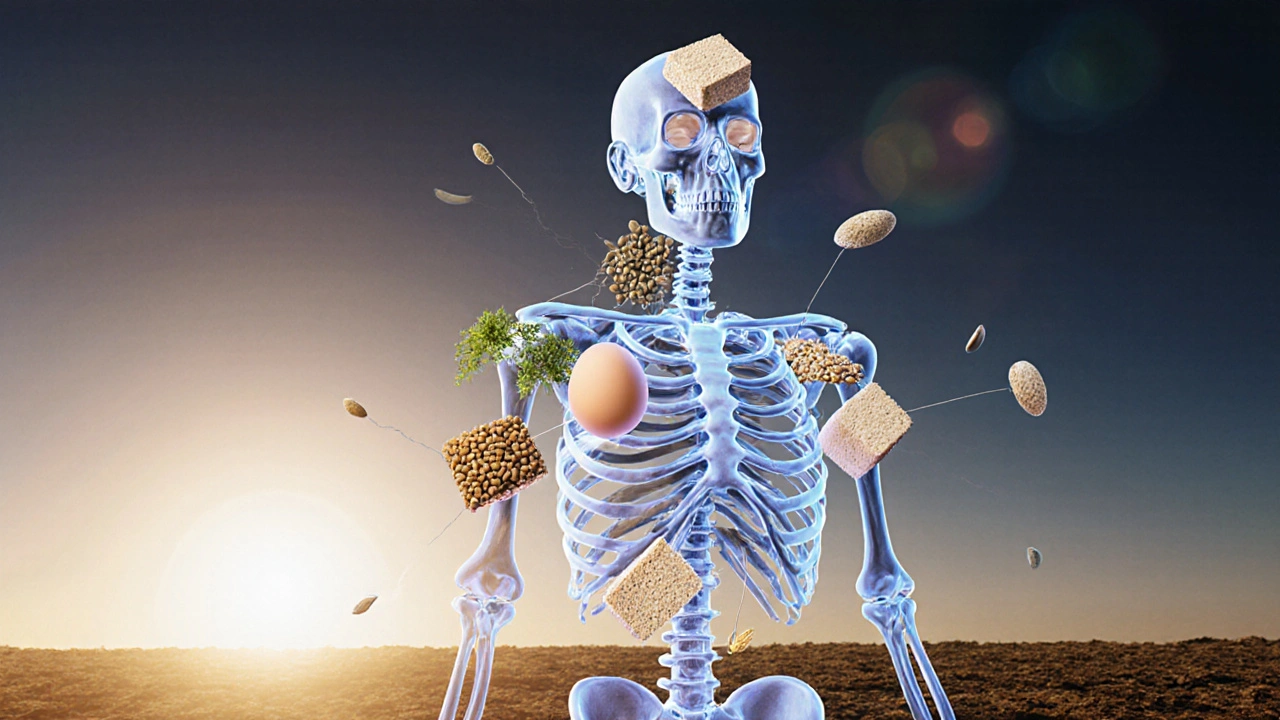 Lidské tělo složené z rostlinných a živočišných zdrojů bílkovin, zářící v mírném světle.