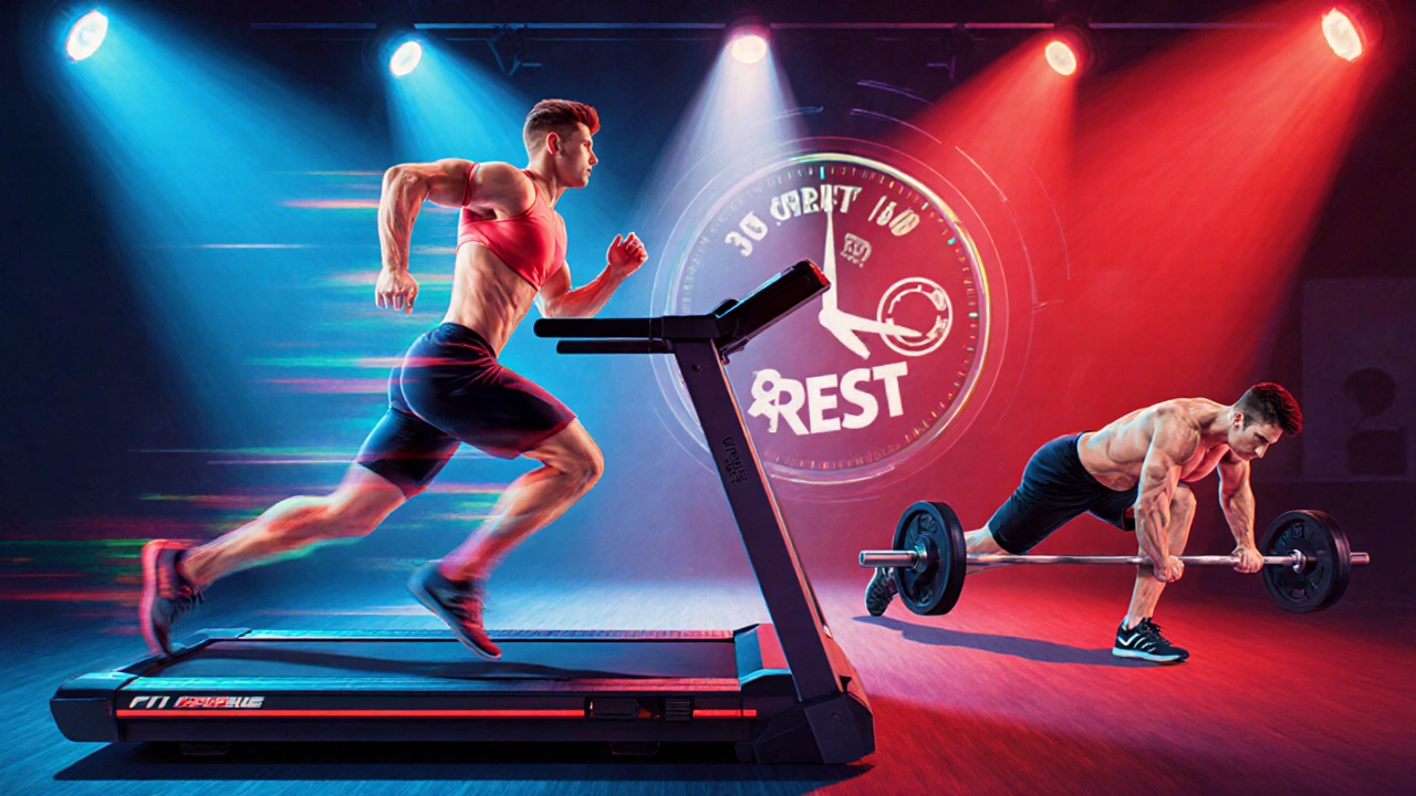 Osoba při HIIT sprintu a dřepech, doprovázená stopkami času.