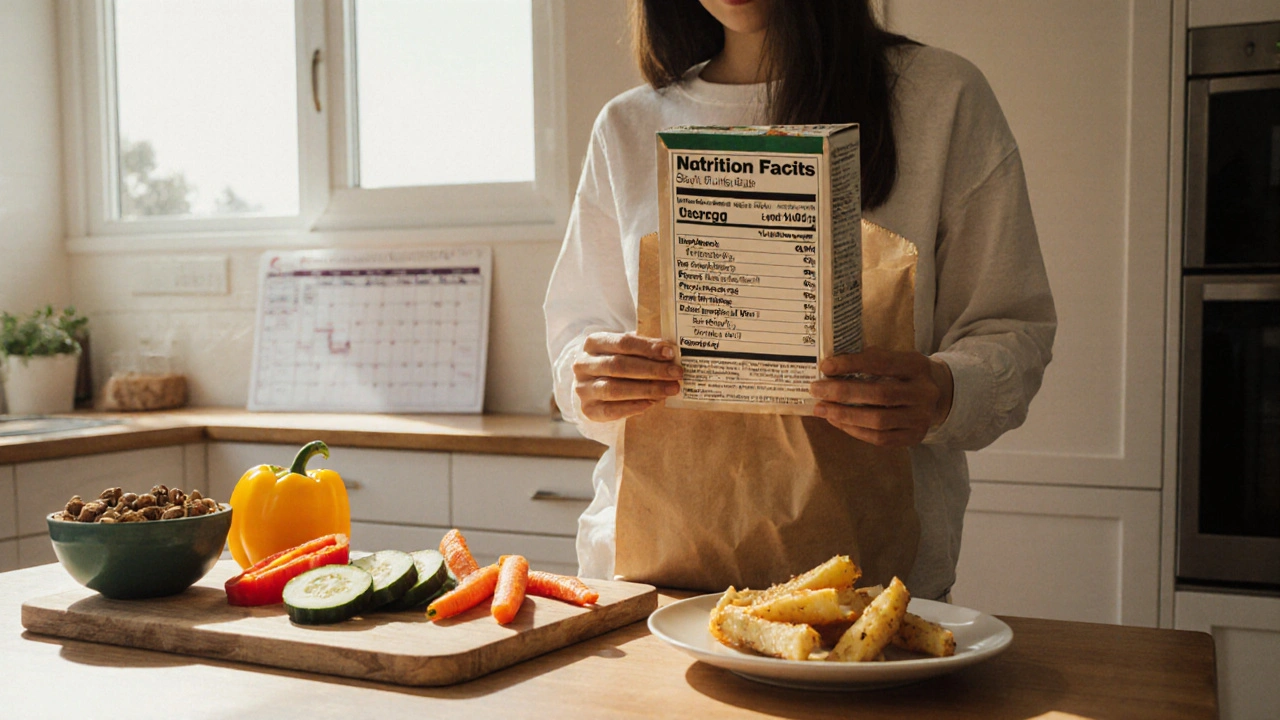 Osoba připravuje jídlo doma, čte etikety a nahrazuje nezdravé potraviny.