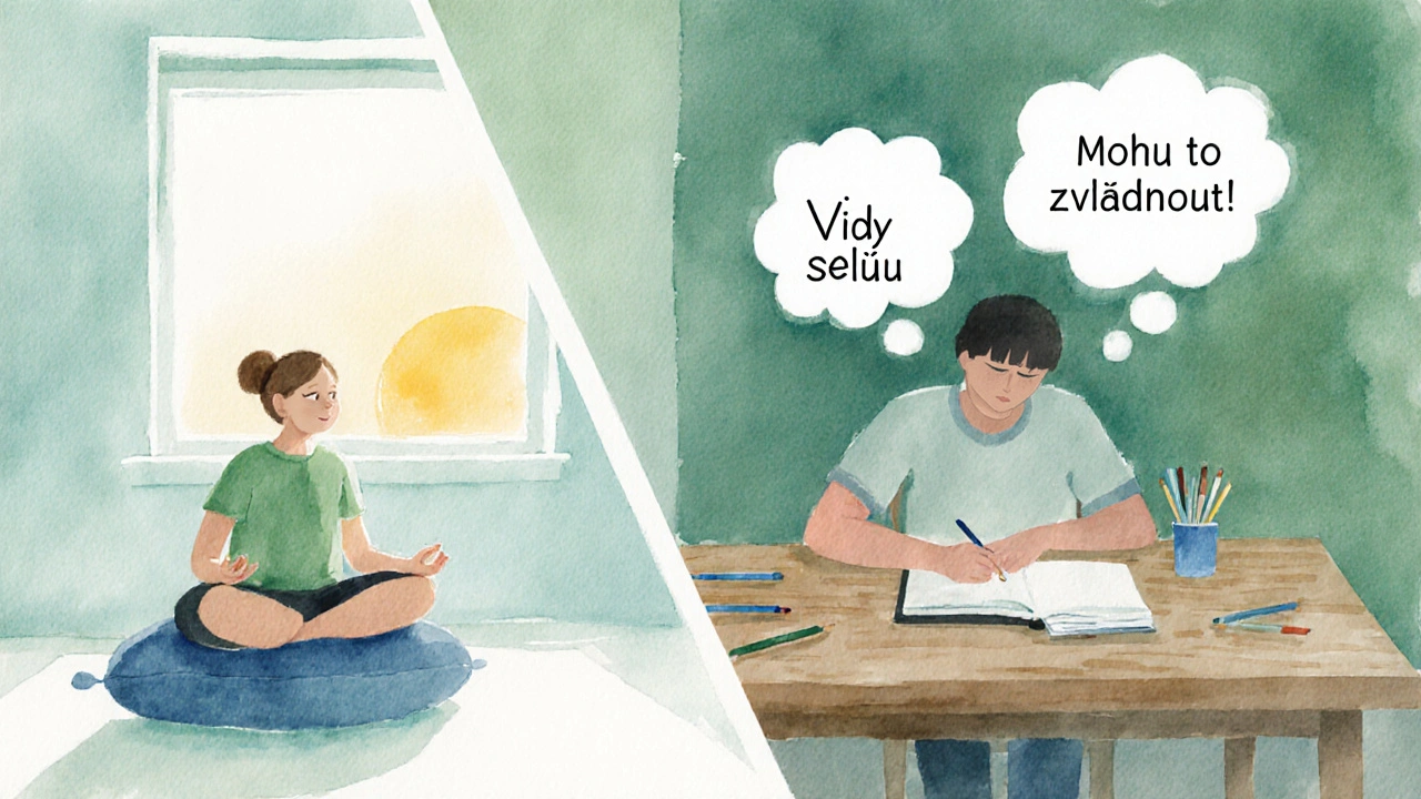Postava sedí v pokojové atmosféře, medituje a zapisuje do deníku, kolem jsou zelené rostliny.