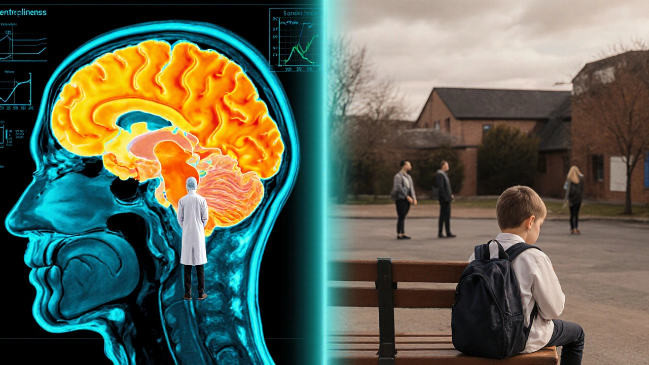 Rozdělený obraz: vlevo fMRI sken mozku, vpravo dítě v stresujícím školním prostředí.