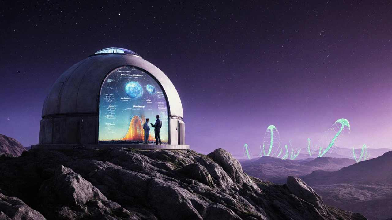 Sci‑fi scéna výzkumu exoplanety s teleskopy a holografickými daty života.