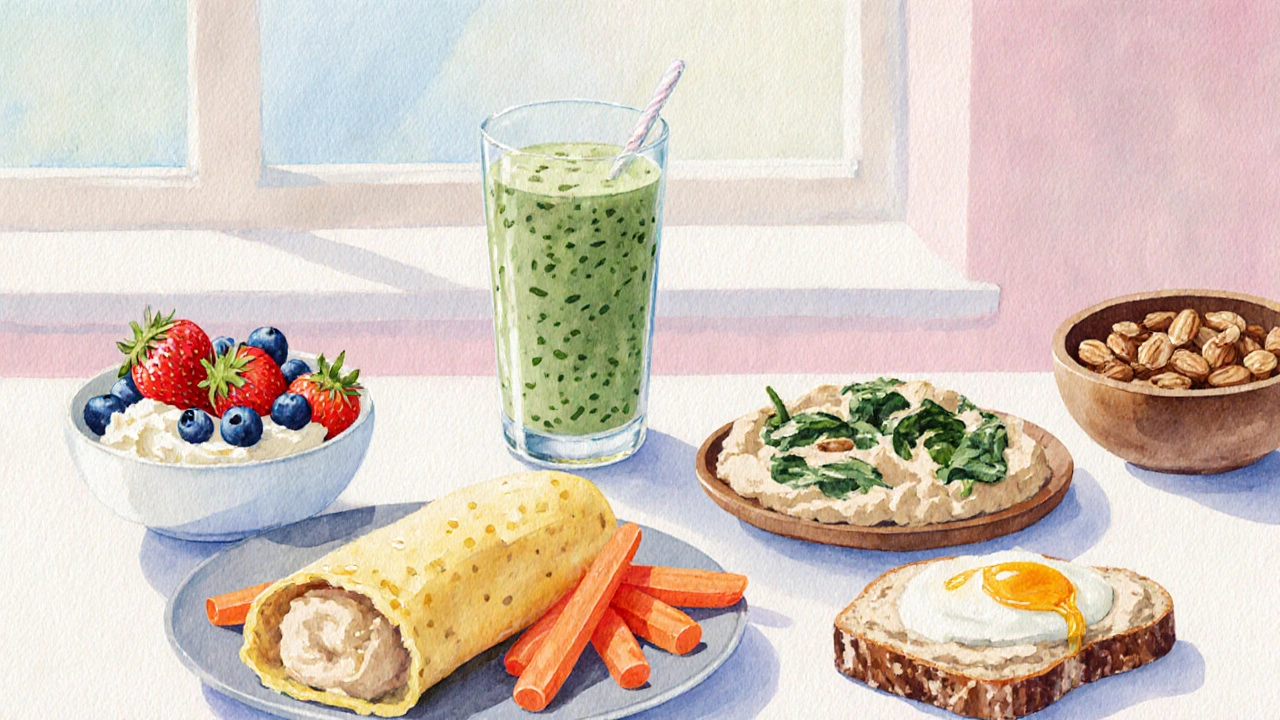 Stůl s pěti zdravými večerními snacky: tvaroh s bobulemi, smoothie, hummus, omeleta, ořechy.