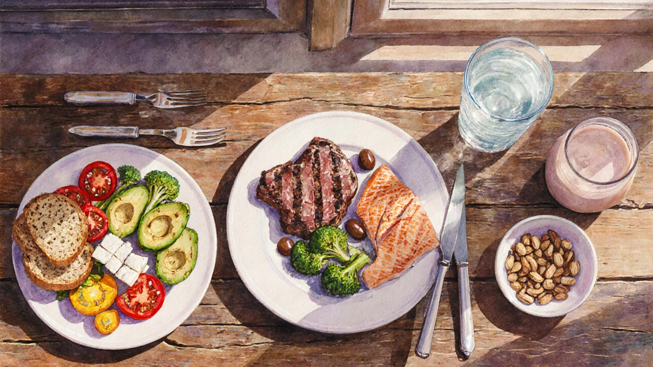 Tři jídla na dřevěném stole: středomořské, low‑carb a intermittent fasting, v akvarelovém stylu.