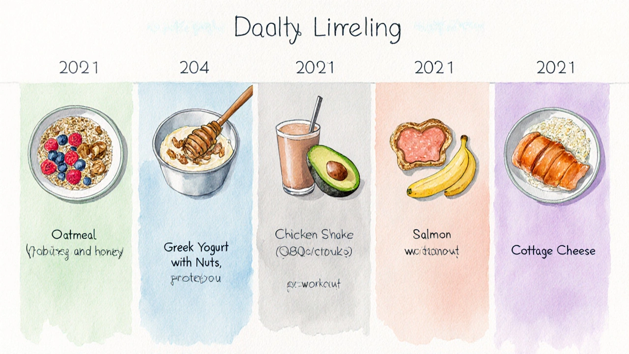 Včelařská ilustrace denního plánu: ovesná kaše, jogurt, kuře, toast, proteinový shake, losos.