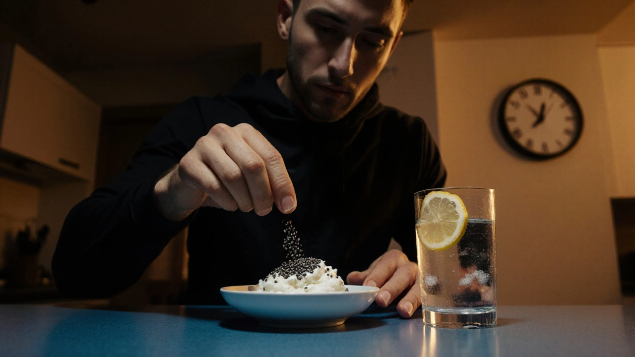 Večerní kuchyně, sportovec připravuje lehký snack s tvarohem, citronovou vodou a solí.