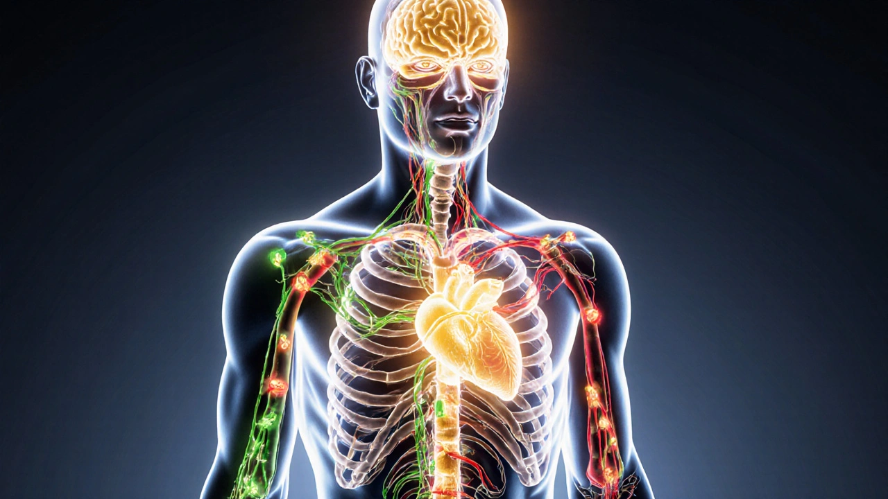 Vnitřní pohled na tělo s proudy živin napájejícími mozek, srdce a klouby, symbolizující zdravou výživu.
