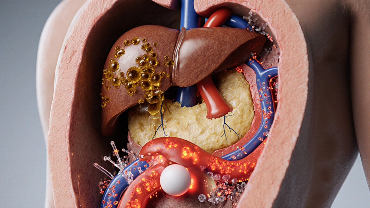 Vnitřní zobrazení těla ukazující vliv trans‑tuků a cukru na cévy a játra.