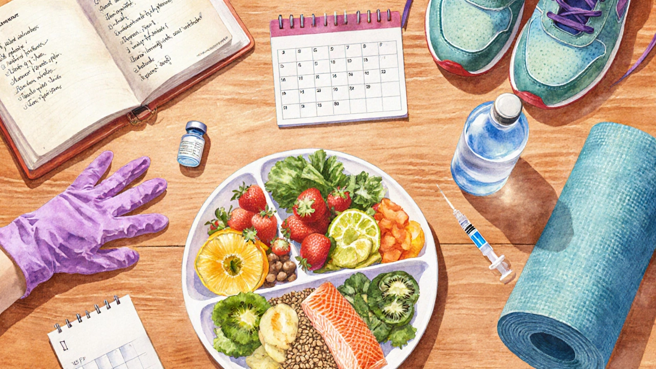 Vodovážová scéna zdravého životního stylu: vyvážená strava, běžecké boty, vakcína a deník.