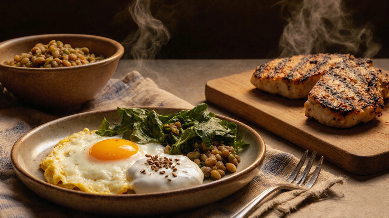 Vyvážená snídaně s vejci, jogurtem a lněnými semínky, oběd s čočkou a kuřecím prsíčkem.