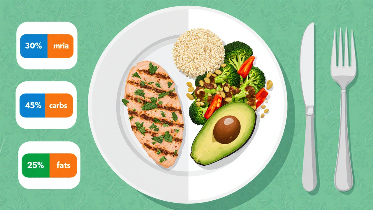 Vyvážený talíř s kuřecím, quinoa a avokádem, znázorňující poměr makroživin.