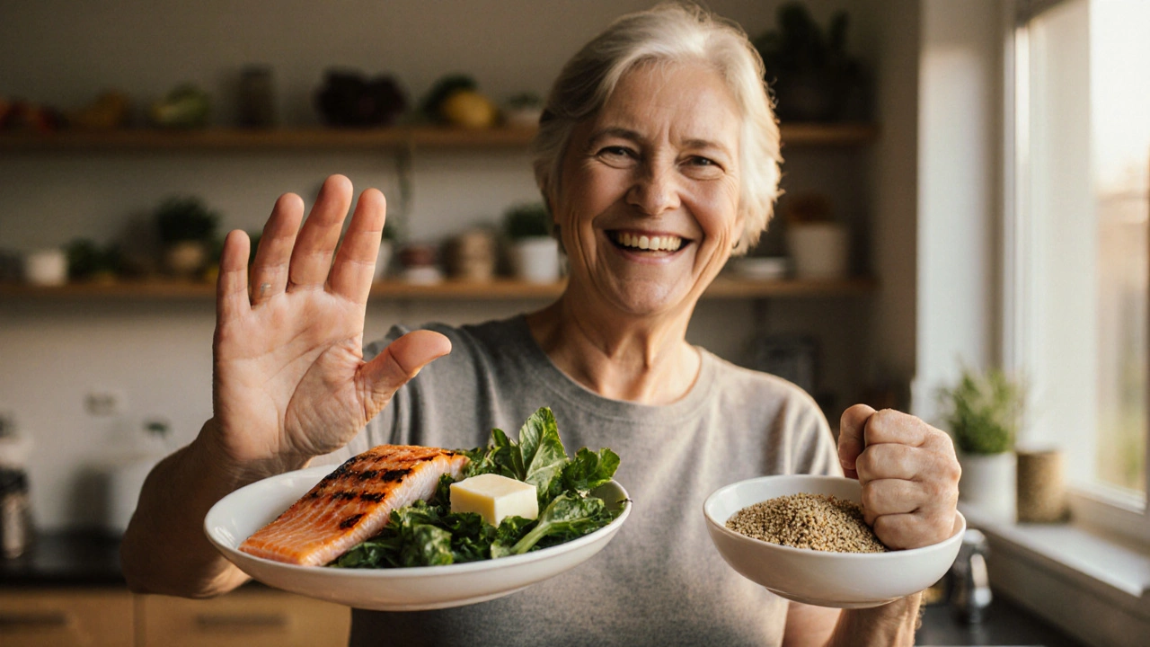 Žena používá ruku k měření porcí jídla v kuchyni s přirozeným osvětlením.