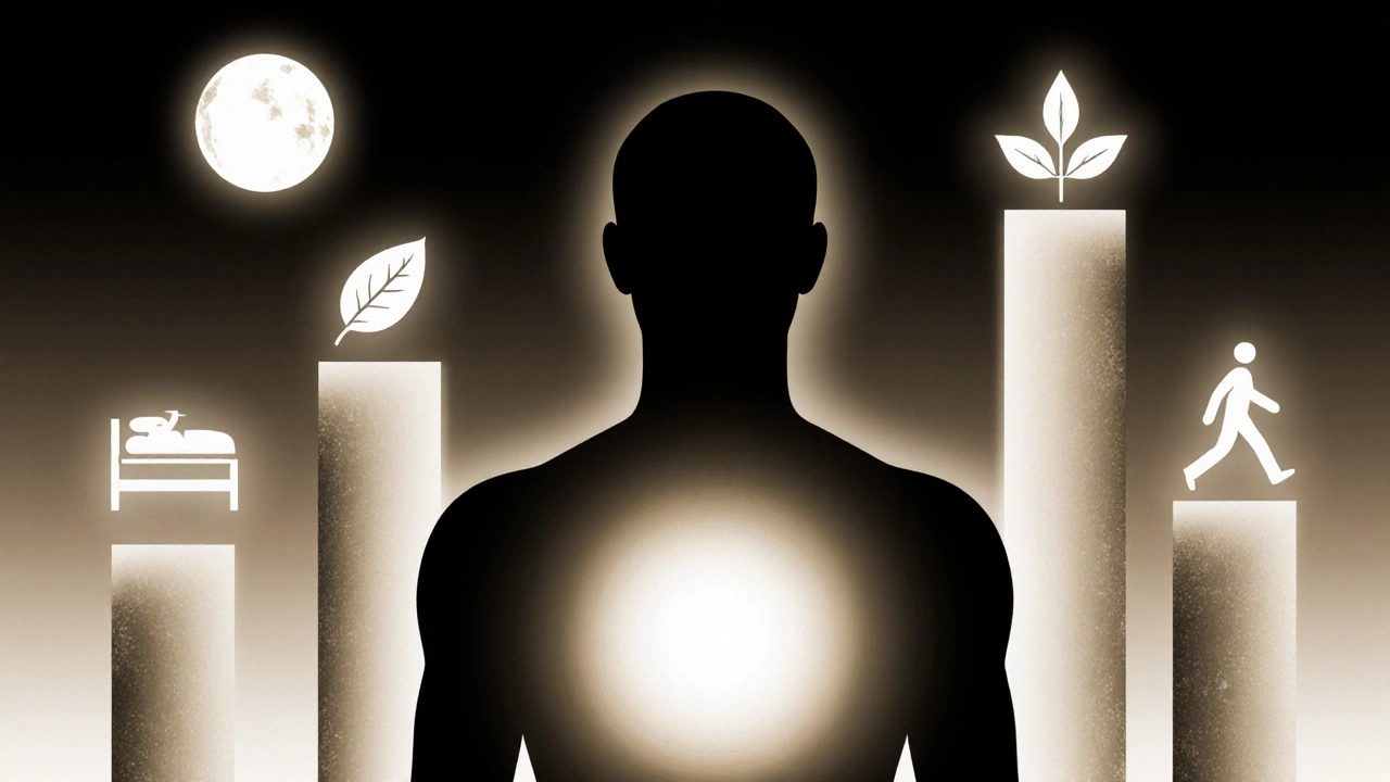 Abstraktní silueta s čtyřmi symbolickými pilíři: spánek, výživa, stres, pohyb — v přírodních tonech.