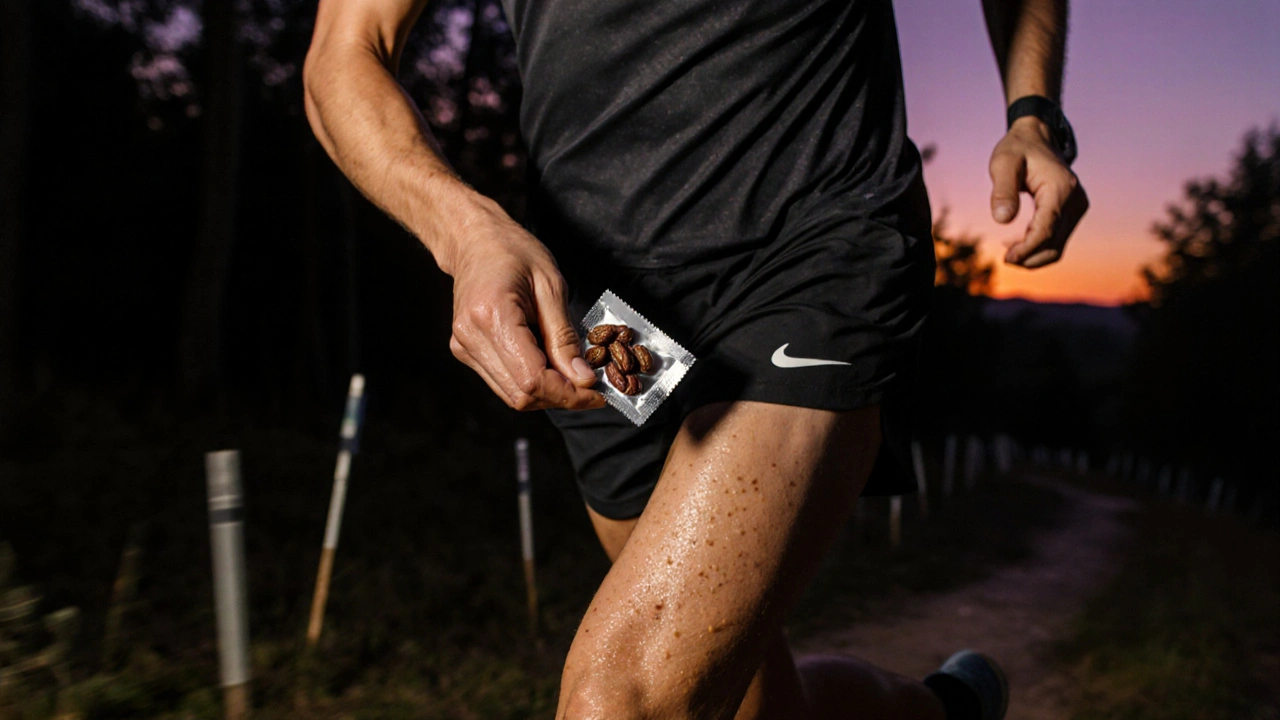 Běžec během dlouhého tréninku jí sušené ovoce.