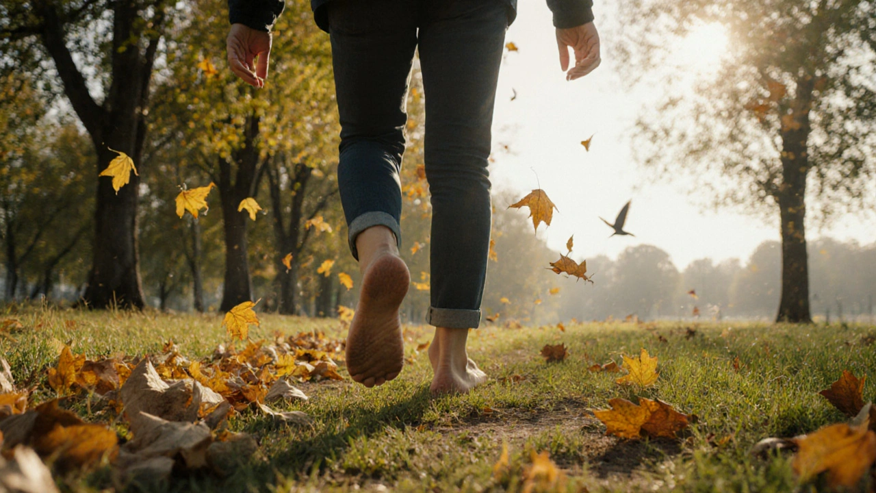Člověk prochází parkem bez sluchátek, obklopen přírodou.