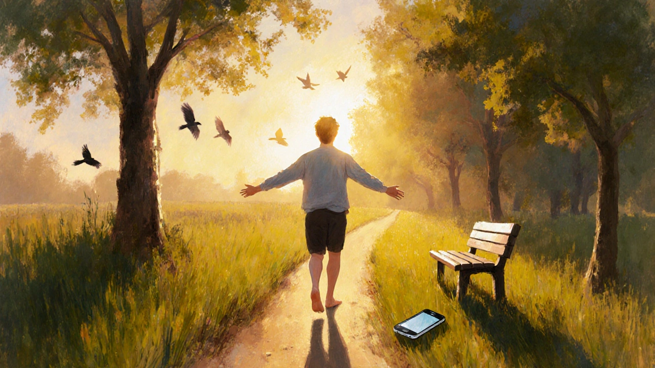 Člověk prochází po trávníku na západu slunce, zapomněl telefon na lavičce.