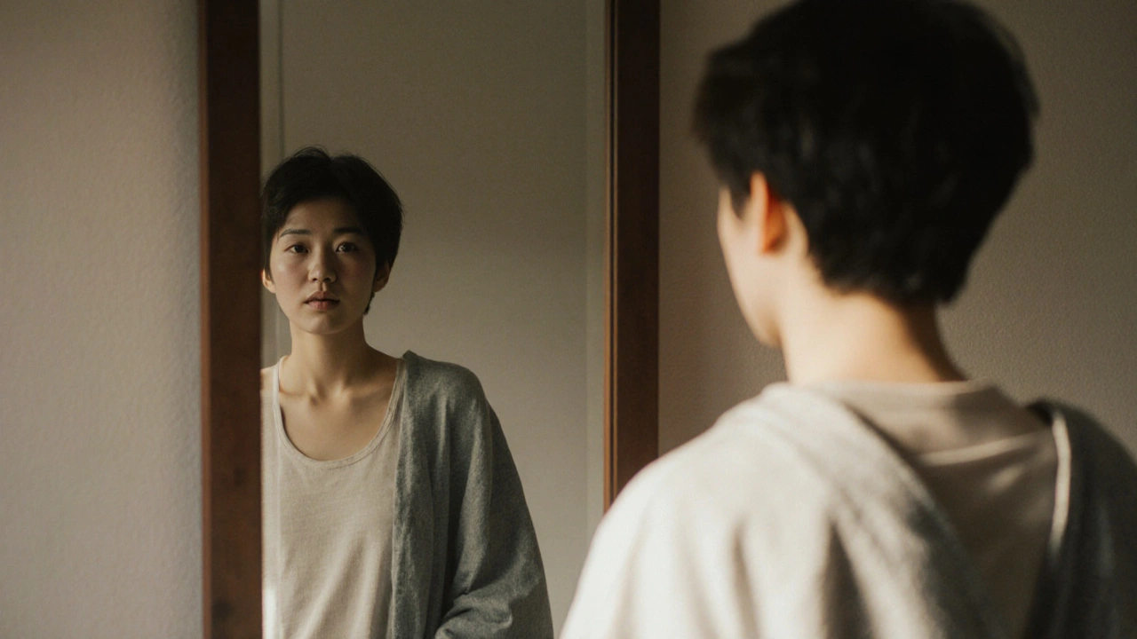 Člověk se dívá do zrcadla, kde jeho odraz ukazuje starší verzi těla s volnějším oblečením na ramenou.