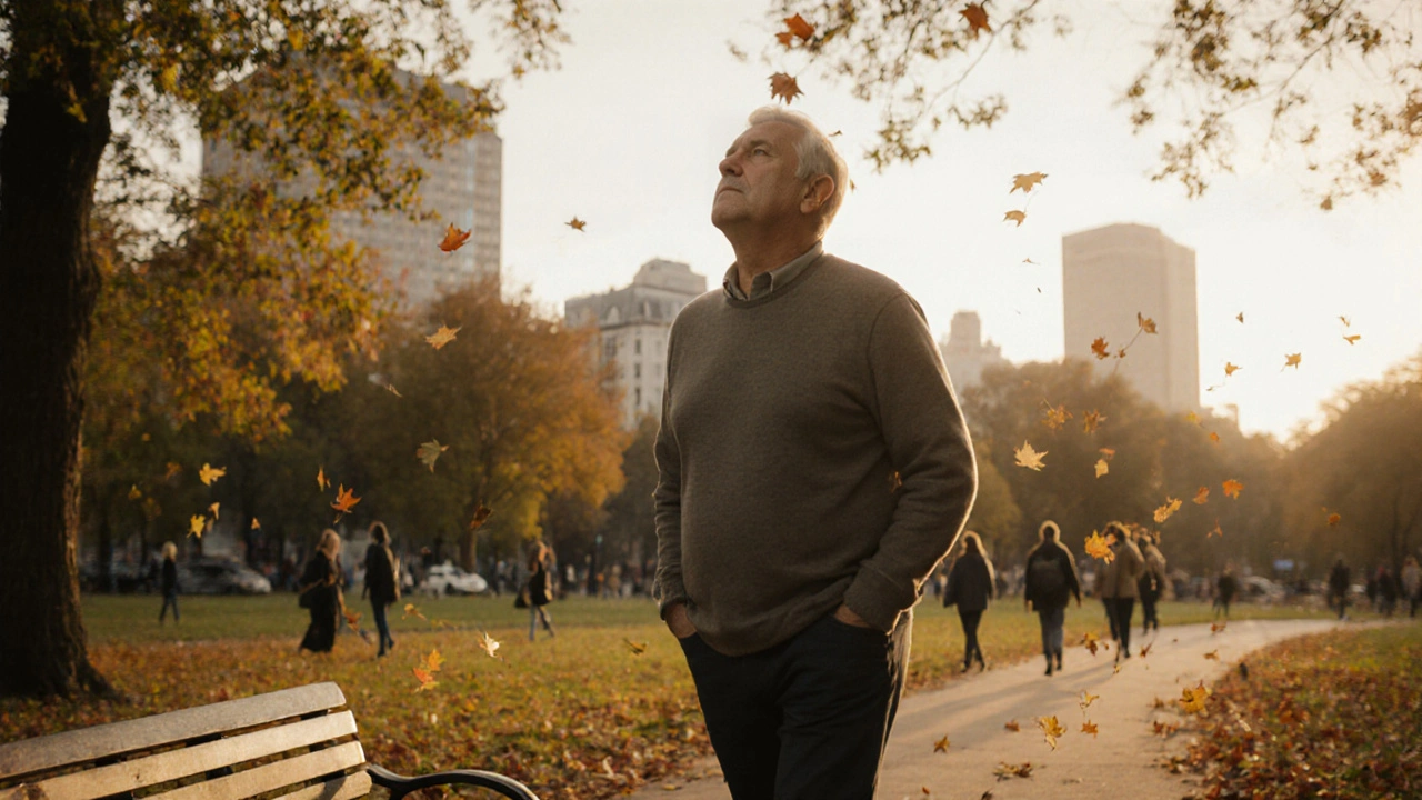 Člověk se pomalu prochází v parku při západu slunce, telefon na lavičce.