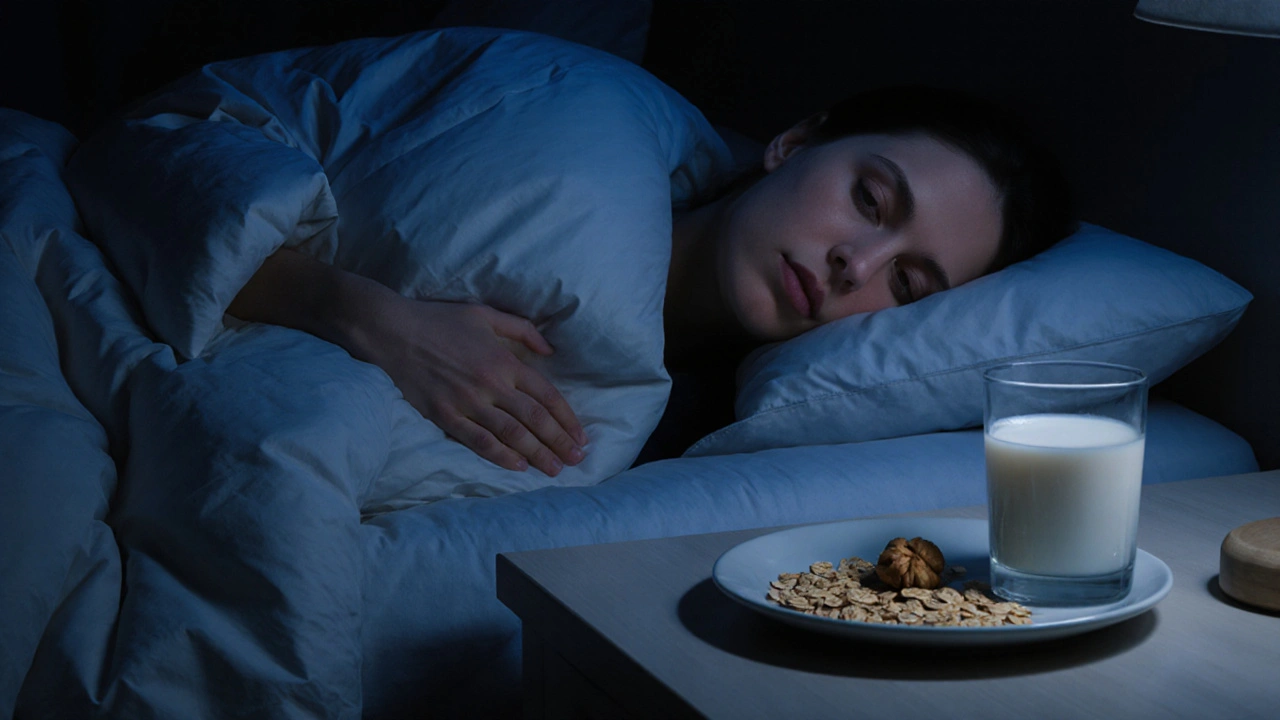 Člověk v posteli s teplým mlékem a ovesnými vločkami na nočním stolku.