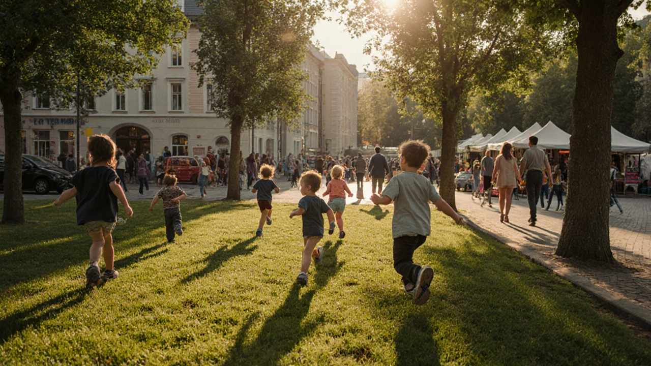 Děti hrají na trávníku v městském parku, kolem nich chodníky a stromy, bez aut a obrazovek.
