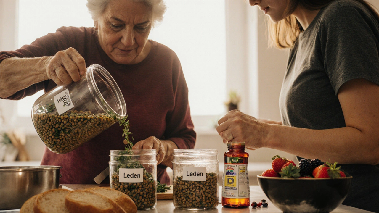 Dvě osoby společně připravují jídlo na týden v kuchyni s nádobami a doplňky.