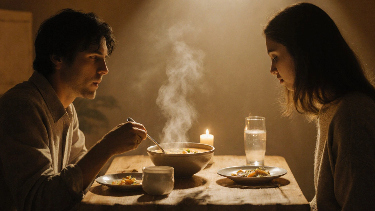 Dvě osoby spolu jedí teplou polévku v klidném, teplém prostředí.