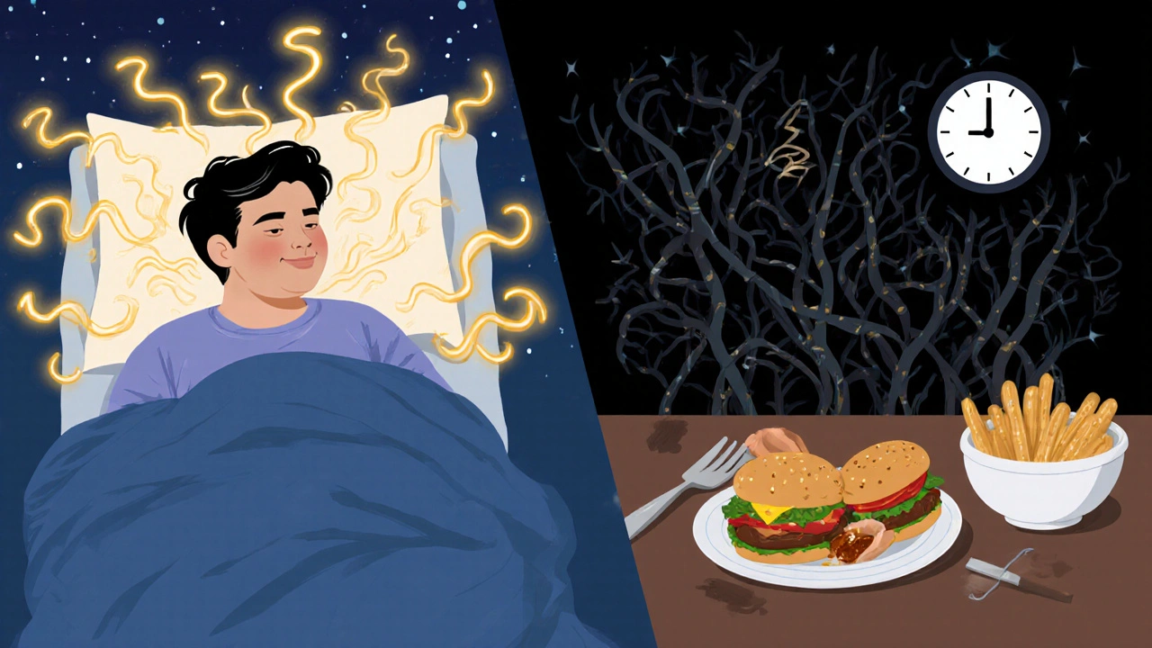 Dvě strany jedné osoby: klidný spánek vs. narušený spánek z důvodu pozdní večeře.