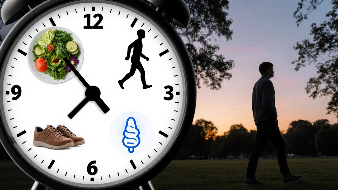 Hodiny s symboly zdravého životního stylu: zelenina, chůze, spánek a dech, osoba prochází parkem večer.