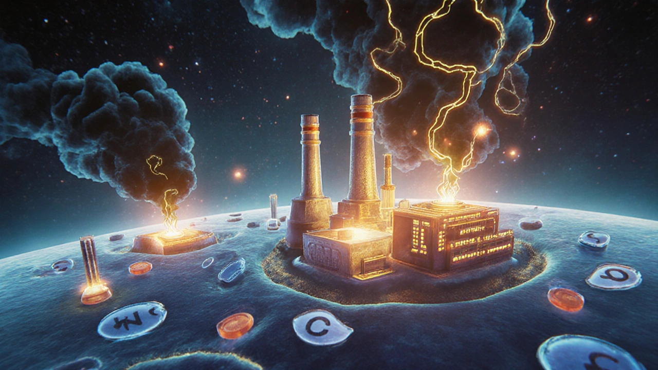 Ilustrace buněčných mitochondrií jako elektráren napájených vitamínem D a B12.