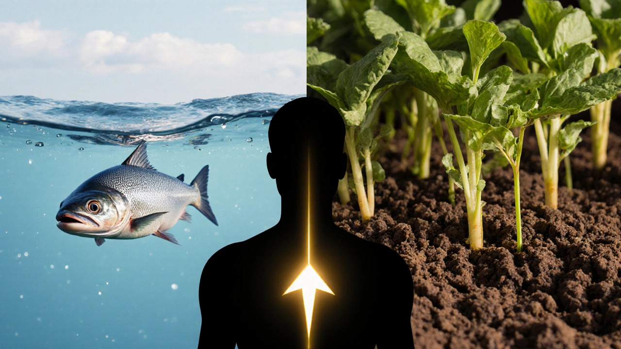 Koncepční fotografie člověka spojujícího mořské a rostlinné zdroje bílkovin.
