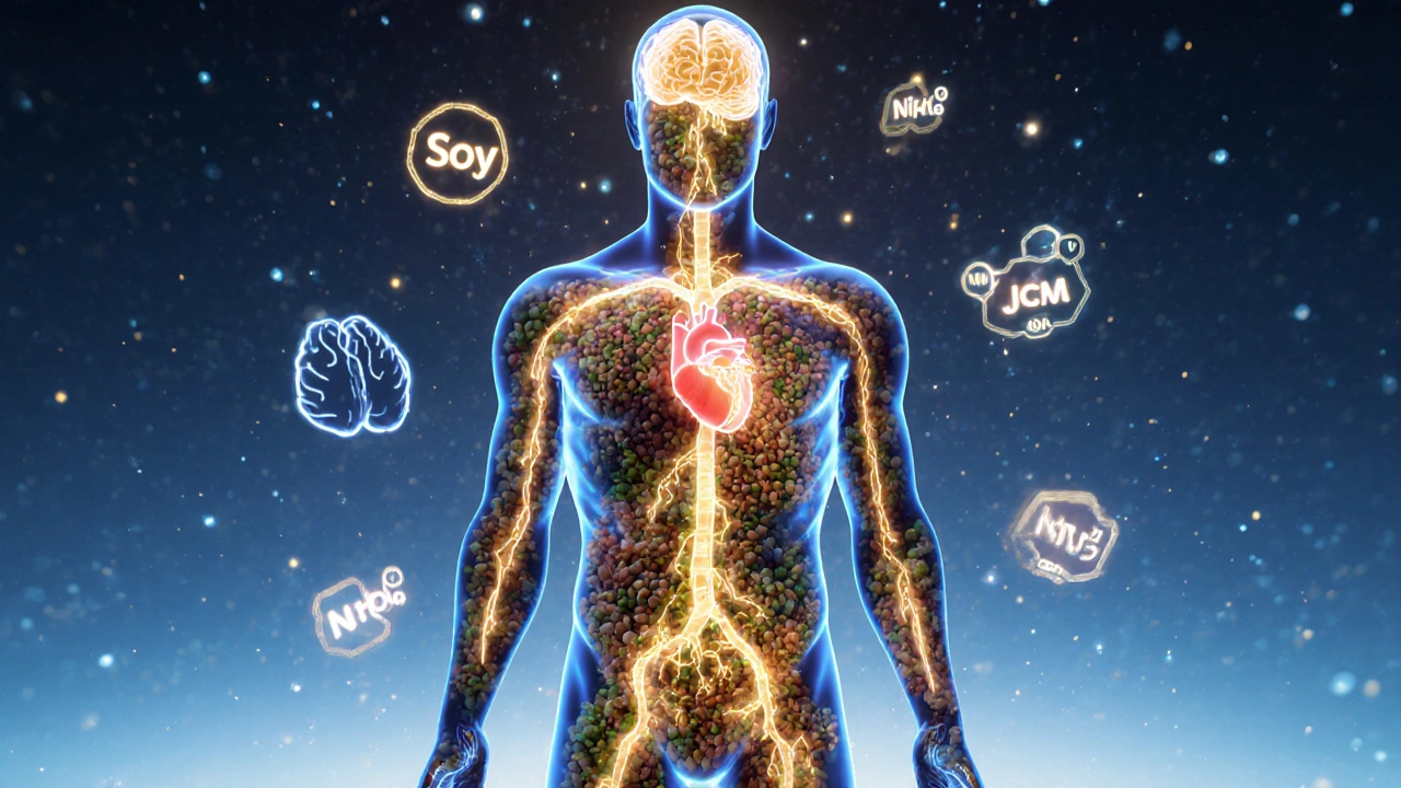 Konceptuální obraz lidské postavy naplněné světelnými rostlinnými bílkovinami, symbolizující zdraví a energii.