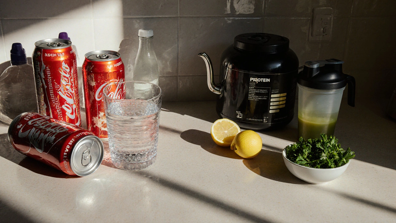 Kontrast mezi nezdravými nápoji a zdravými alternativami na kuchyňském stole.