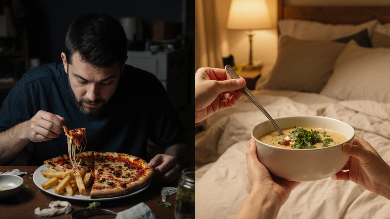 Kontrast mezi těžkým večerním jídlem v noci a lehkým jídlem dříve večer.