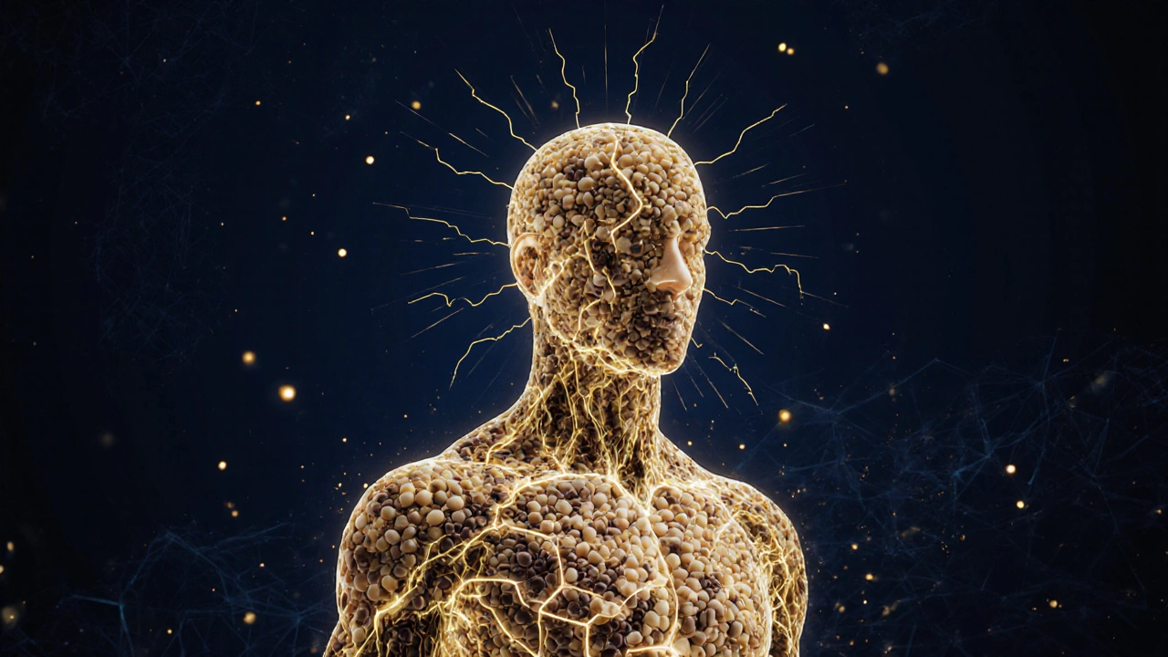 Kontur lidského těla složeného z luštěnin s zlatými proteinovými čárami