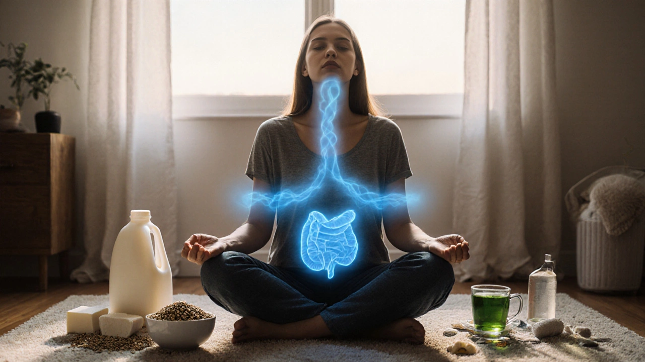 Osoba dýchá hluboce na podlaze, symbolicky uvolňující plyn, kolem ní zdravé potraviny.