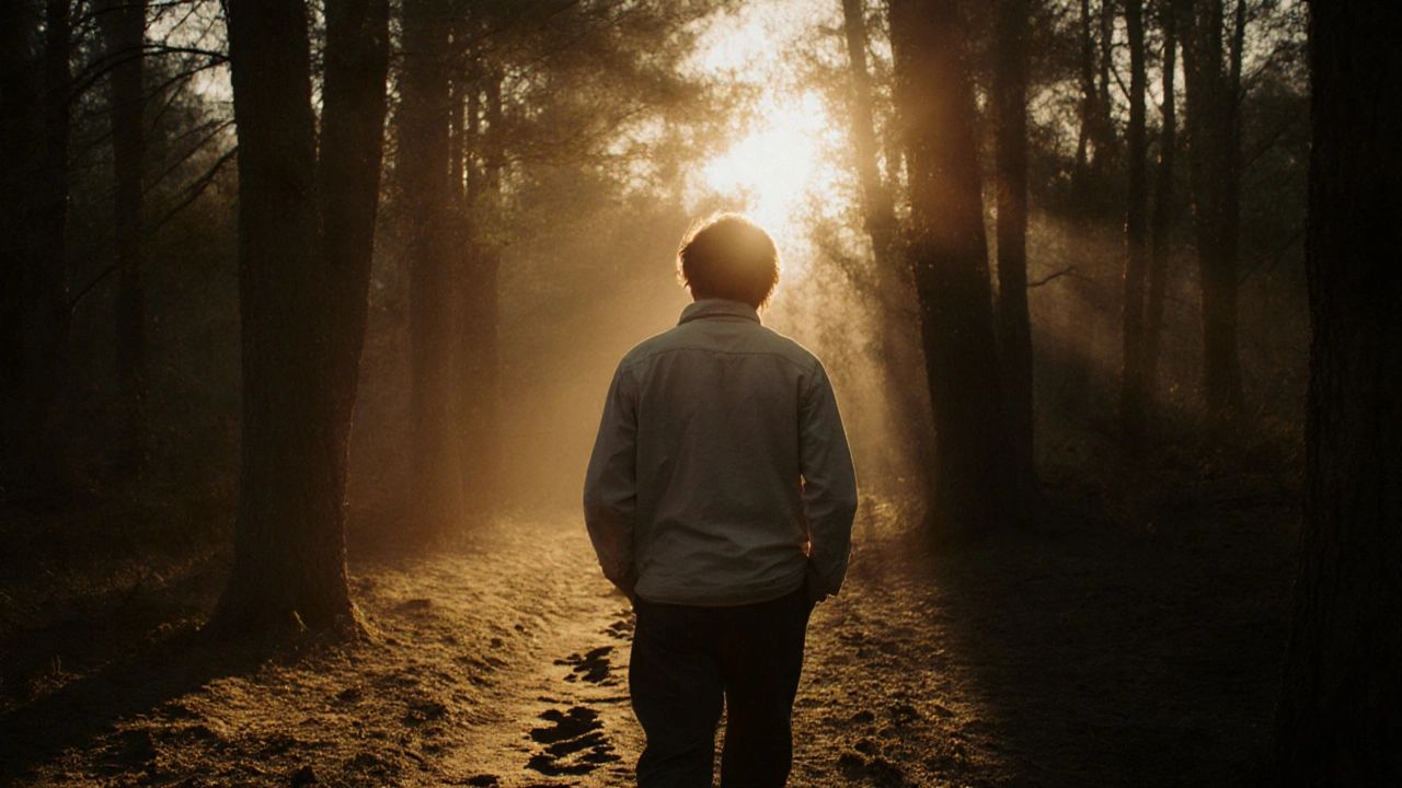 Osoba kráčí lesem při západu slunce, světlo ji jemně osvětluje.