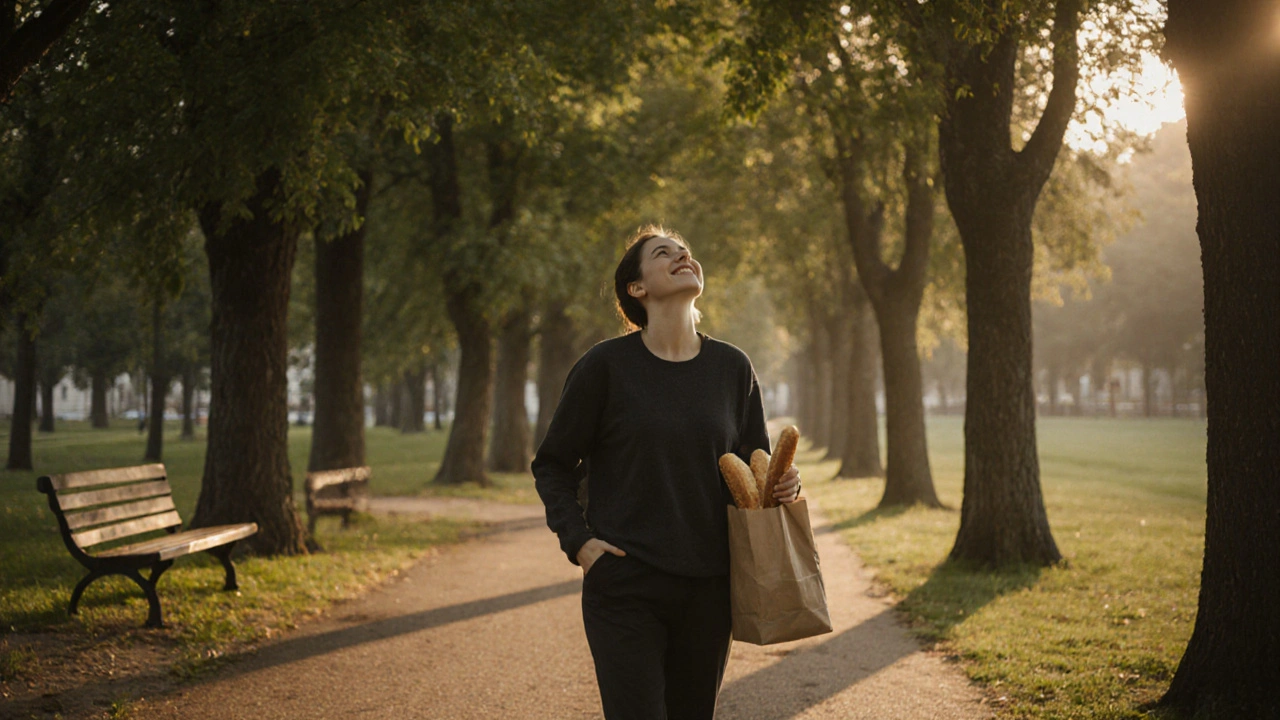 Osoba prochází parkem s čerstvým chlebem, zastavila se, aby se podívala na stromy.
