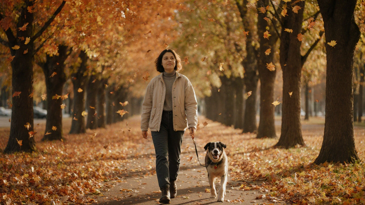 Osoba prochází parkem v podzimu, listy padají kolem ní.