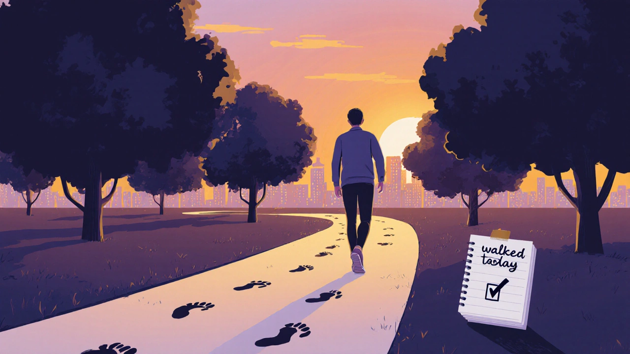 Osoba prochází v parku při západu slunce, stopy na cestě symbolizují denní pohyb.