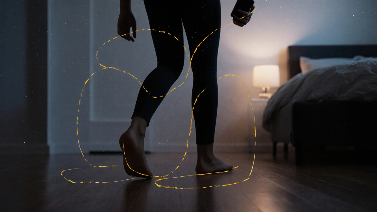 Osoba prochází v soumraku, dívá se na oblohu, telefon je zhasnutý, v pozadí je postel.